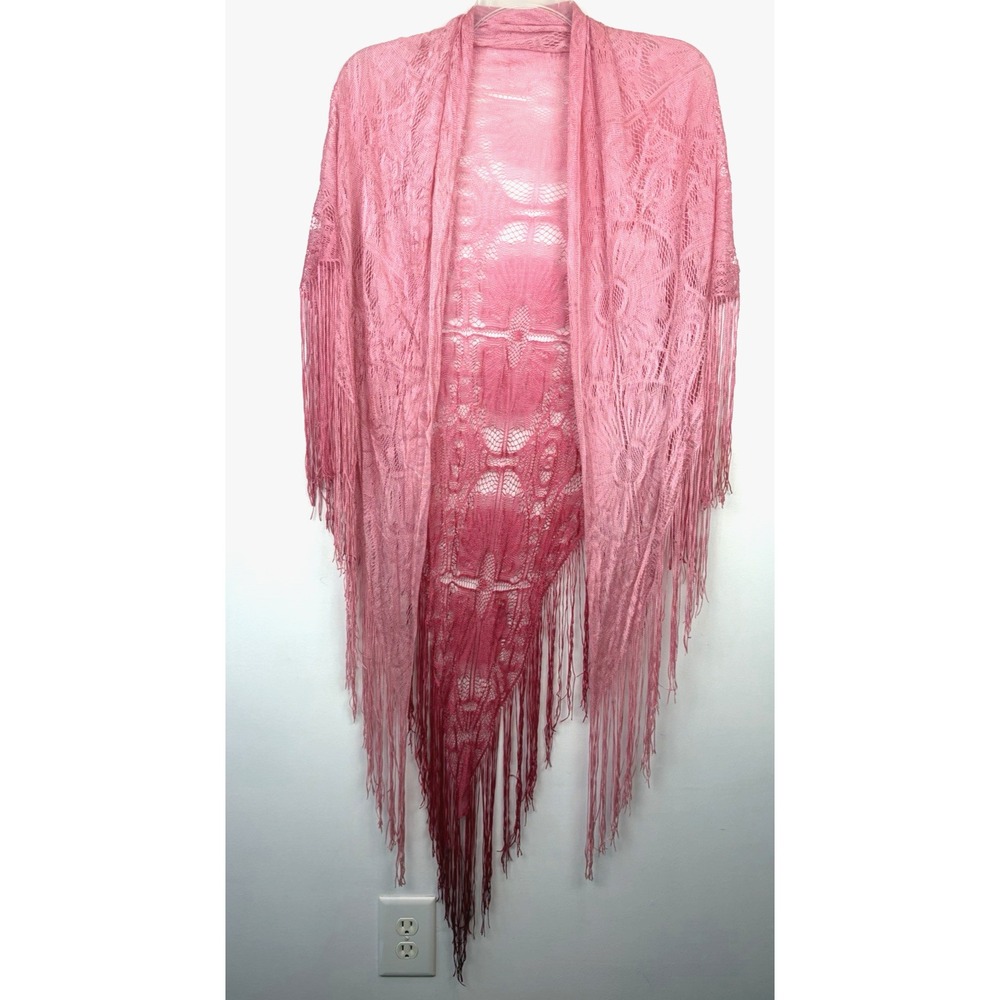 Vtg Fringe Shawl Wrap Pink Lace Layer Art Nouveau Moda Boho Hippie Ombre Read
